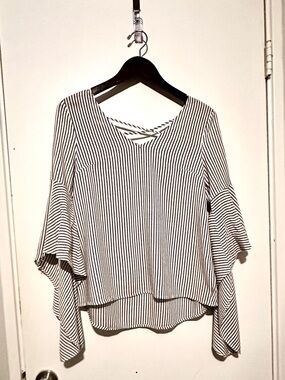 Striped Black & White Linen Bell-Sleeve Women's Top.